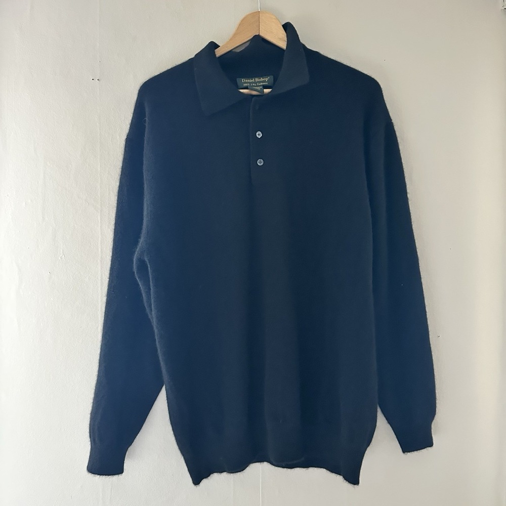 VTG Daniel Bishop 100% 2 Ply Cashmere Polo Sweater Size XL Black Preppy Academia